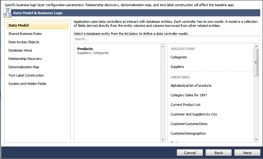 A  model of Products entity is defined in an app created with Code On Time.