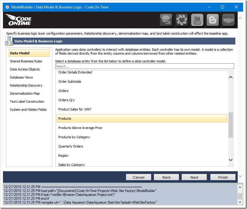 List of database objects listed that can be used to create data models.