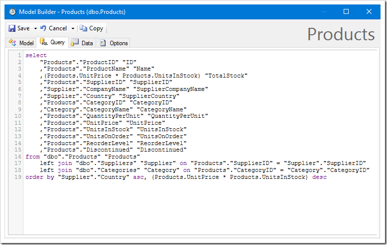 The Query tab shows the command for the data model.