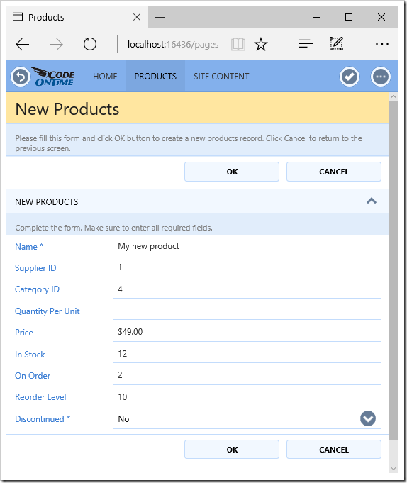 Products edit form, with Suppliers and Categories not defined as data models.