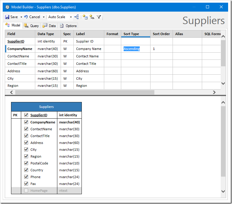 New data model for Suppliers, sorted by CompanyName and HomePage field disabled.