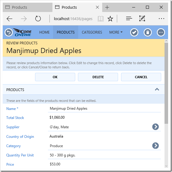 Products edit form with Supplier and Category models defined.