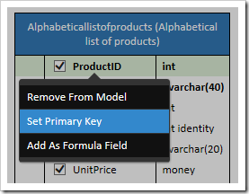 Setting the virtual primary key of the Alphabeticallistofproducts data model.