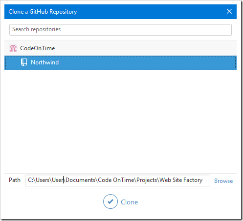 Selecting a repository to clone.