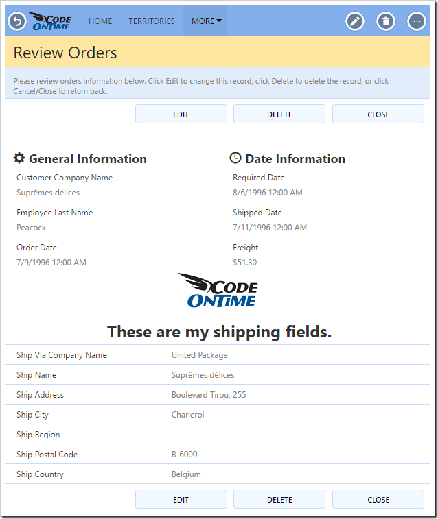 Orders editForm1 view with custom content, including headers, glyphicons, and images injected into the form.