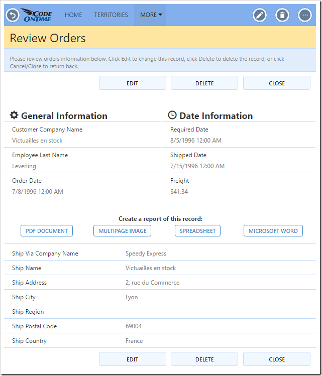 Orders editForm1 view with multiple actions positioned on the form.