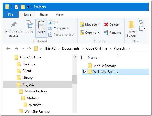 Pasting the project folder into Web Site Factory folder.