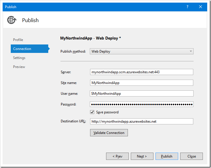 The Publish configuration has been automatically populated.