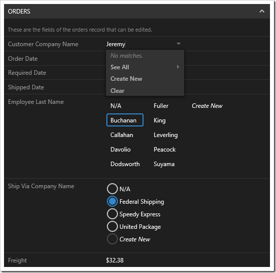 The "Create New" action is available on all types of lookups.