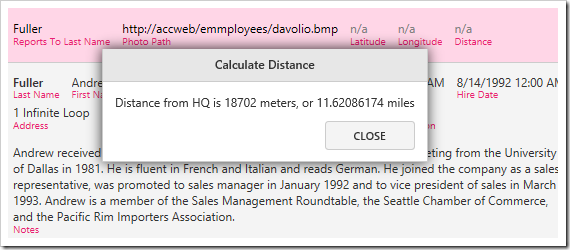 The results from the CalculateDistance() business rule method displayed in a messsage.