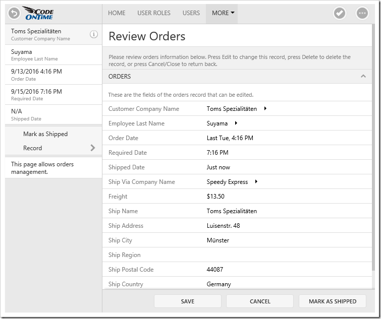 Pressing the "Mark as Shipped" button has set the value of both ShippedDate and Freight fields.