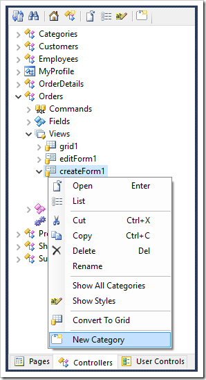 Creating a new category for "createForm1" view of Orders controller.