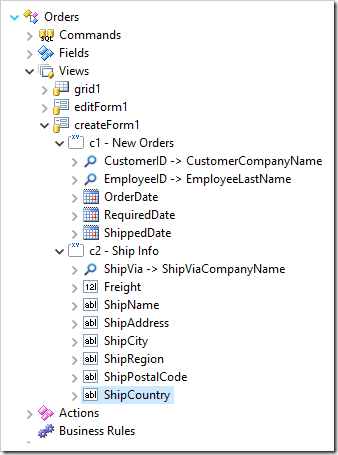 Data fields have been separated into two categories in "createForm1" view of Orders controller.