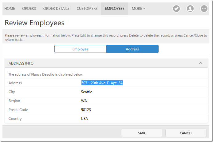 The Employees page with a multi category layout in two tabs. Field values are displayed in the category description.