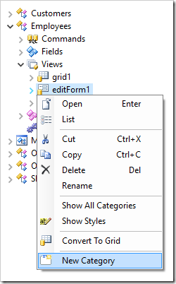 Creating a new category in 'editForm1' view of Employees controller.