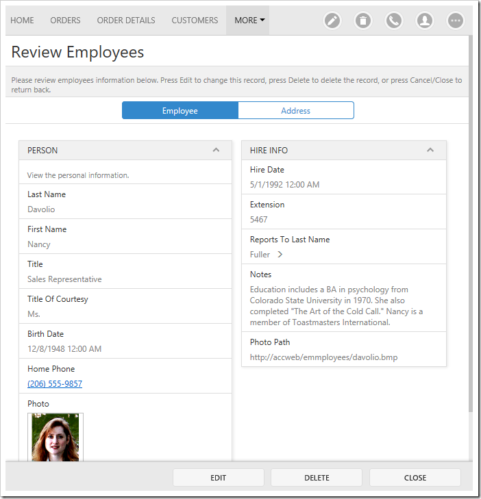Two tabs are rendered in editForm1 of Employees page, with two columns in the first tab.