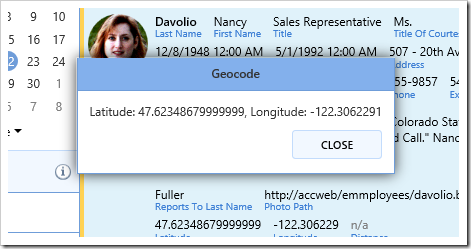 Example of result from Geocode method.