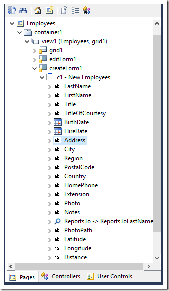 Selecting the Address data field of createForm1 view of Employees controller.
