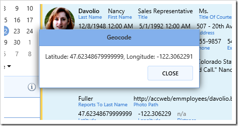 The popup shows the returned latitude and longitude.
