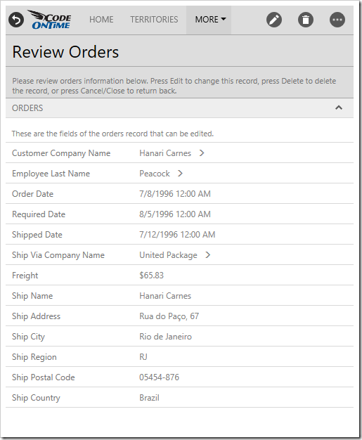 The Orders form with form action buttons hidden.