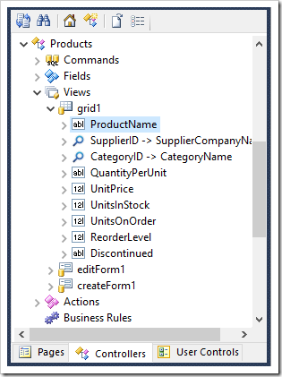 Editing ProductName data field in grid1 view of Products controller.