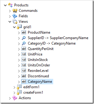 The CategoryName data field has been added to grid1.