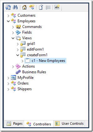 Selecting the category 'c1' in createForm1 of Employees controller.