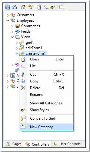 Creating a new category in createForm1 view of Employees controller.