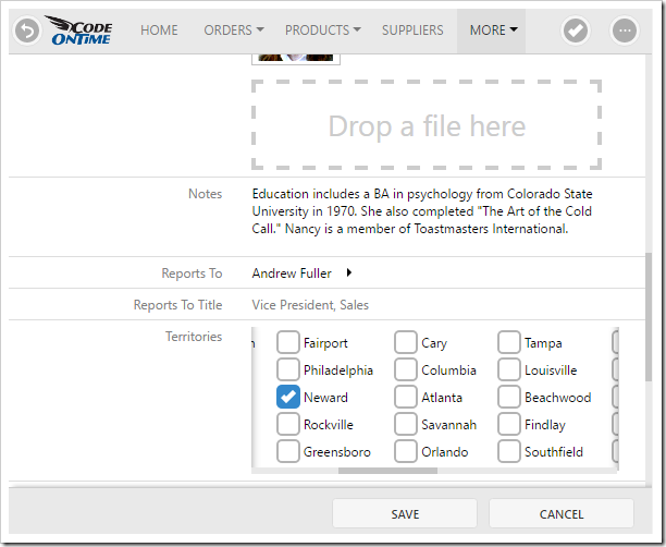 The Territories many-to-many field rendered as a Check Box List.