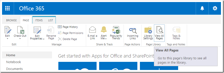 Selecting 'View All Pages' of the SharePoint site.