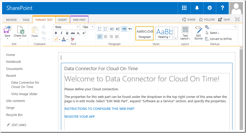 The "Data Connector For Cloud On Time" web part has been added to the page.