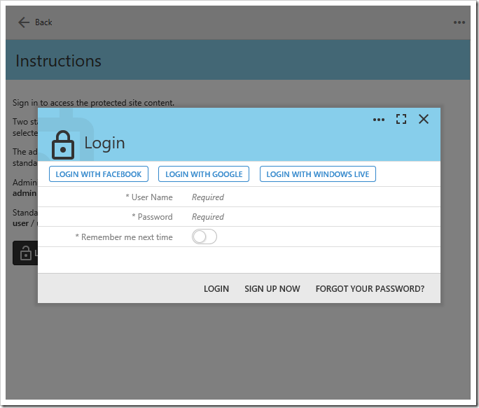 Modal login form with three external login options.