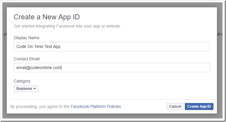 Creating a new app in the Facebook Developers website.
