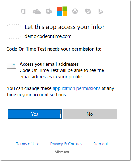 Windows Live displays a permission request - the app is requesting access to the profile's email.