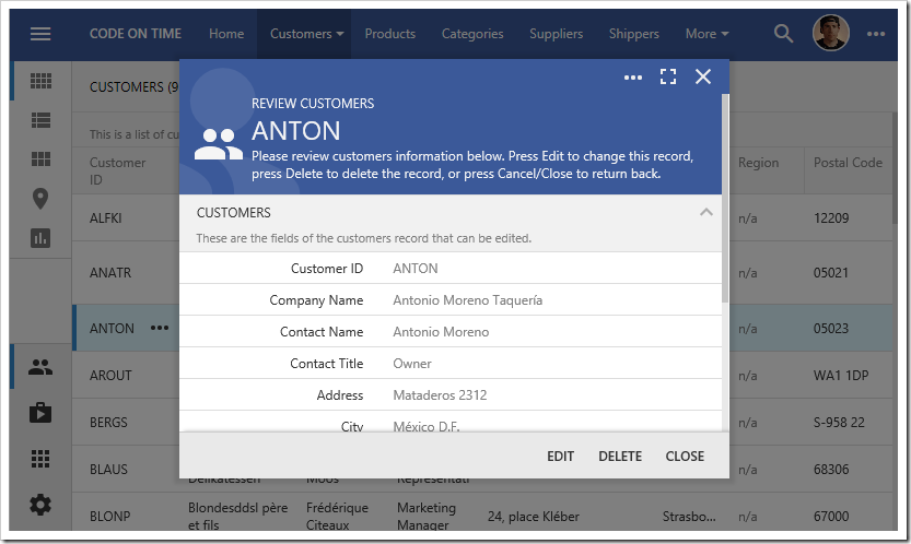 The Customers editForm1 view with a custom icon