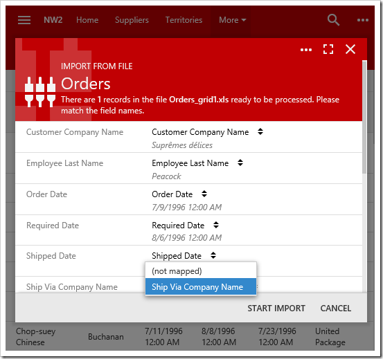 Second screen of the Import process allows the user to map columns from the imported file to fields in the controller.