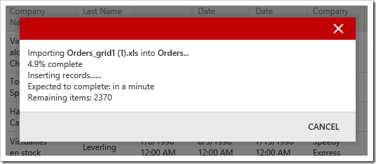 During the Import process, a modal will show status.