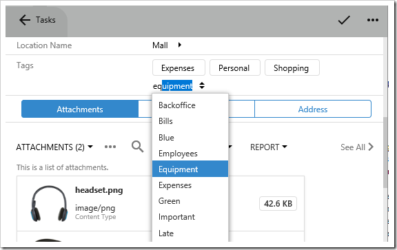 The "Tags" basket lookup shows multiple tags added to the task. A dropdown allows adding more tags.