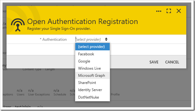 Selecting an authentication provider on the Open Authentication Registration wizard.
