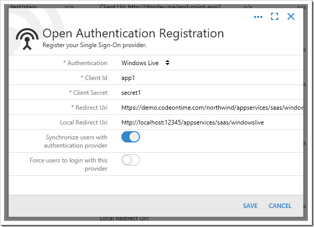 Configuring Windows Live OAuth Provider.