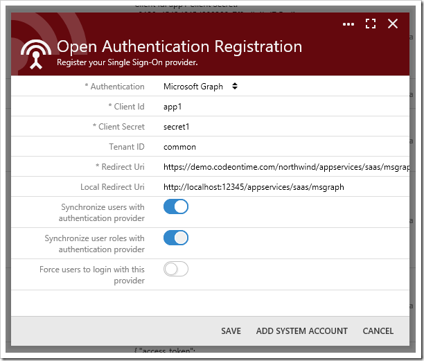 Configuring Microsoft Graph OAuth Provider.