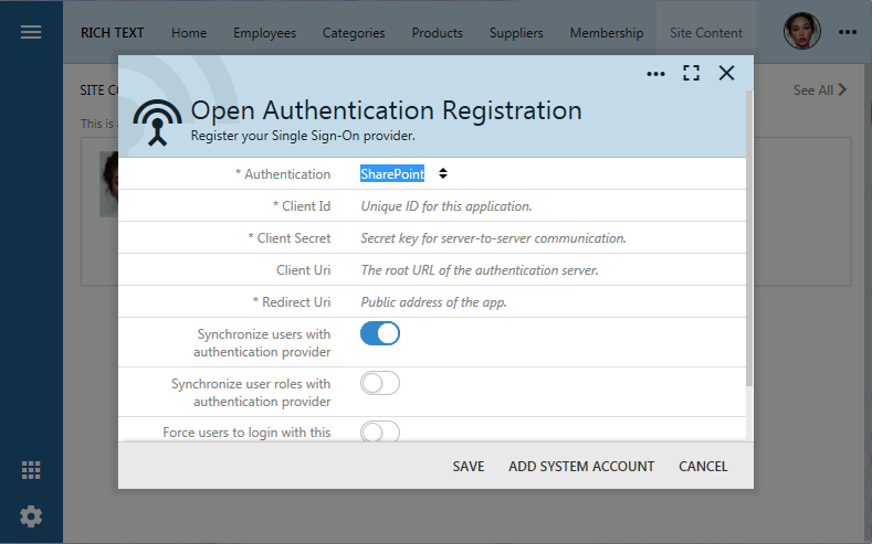 OAuth registration form for Microsoft SharePoint integration of an app created with Code On Time