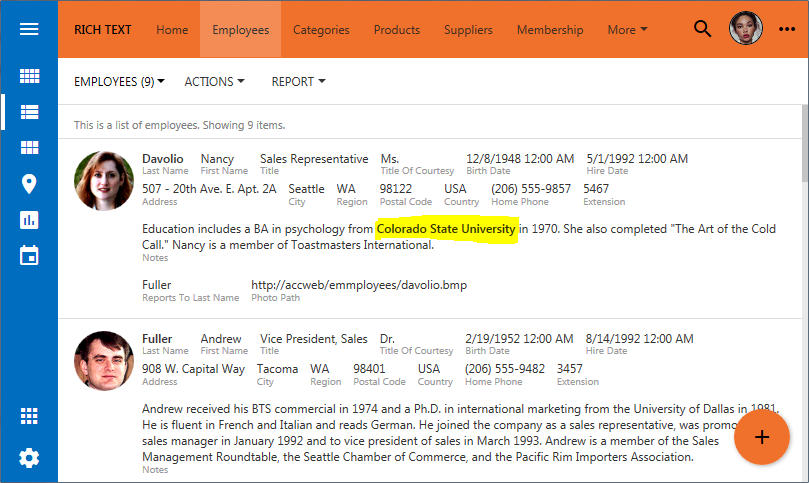 Rich Text formatting in visible in Grid and List styles in apps created with Code On Time.