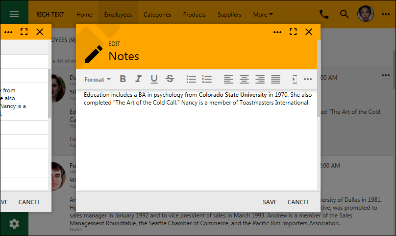 A dedicated rich text editor form can be activated by default or when user preses F11 while editing RTF text in apps with Touch UI.