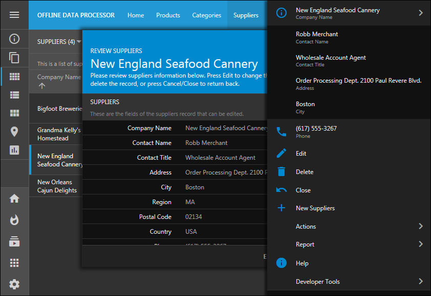 Dark theme with Aquarium accent in the app created with Code On Time.  The form is open and context menu of the form is also visible.