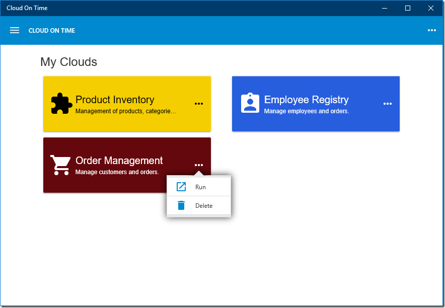 Use the more button to remove registered clouds in native Universal Windows Platform app Cloud On Time.