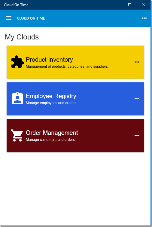 List of registered clouds in native Universal Windows Platform app Cloud On Time.