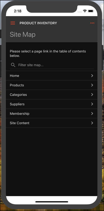 The standard menu of app pages is displayed on the app home.