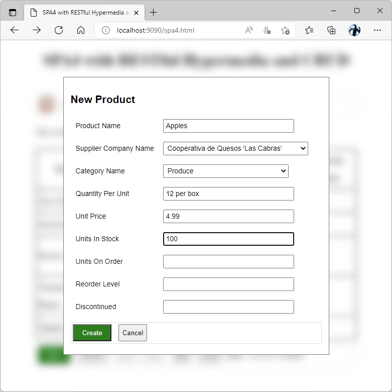 "New Product" form will post the field values to the product collection to create a new product in the inventory.