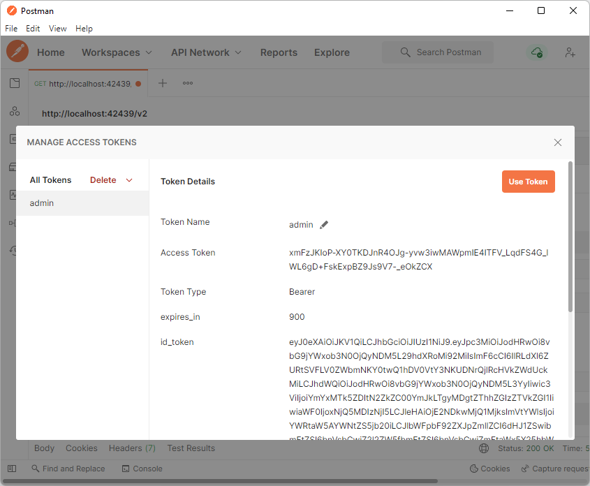 Postman exchanges the authorization code for an access token with the backend application. The response is presented in the Manage Access Tokens window. 